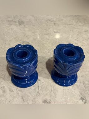 Blue Ceramic Flower Top Glazed Candle Holders Pair